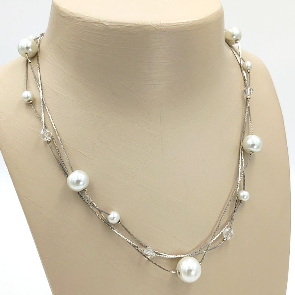 Faux Pearl & Crystal 3 Strand Necklace